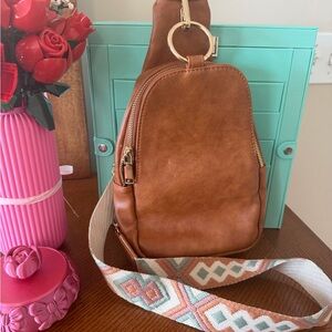 Moda Luxe Tan Crossbody Bag with Patterned Strap